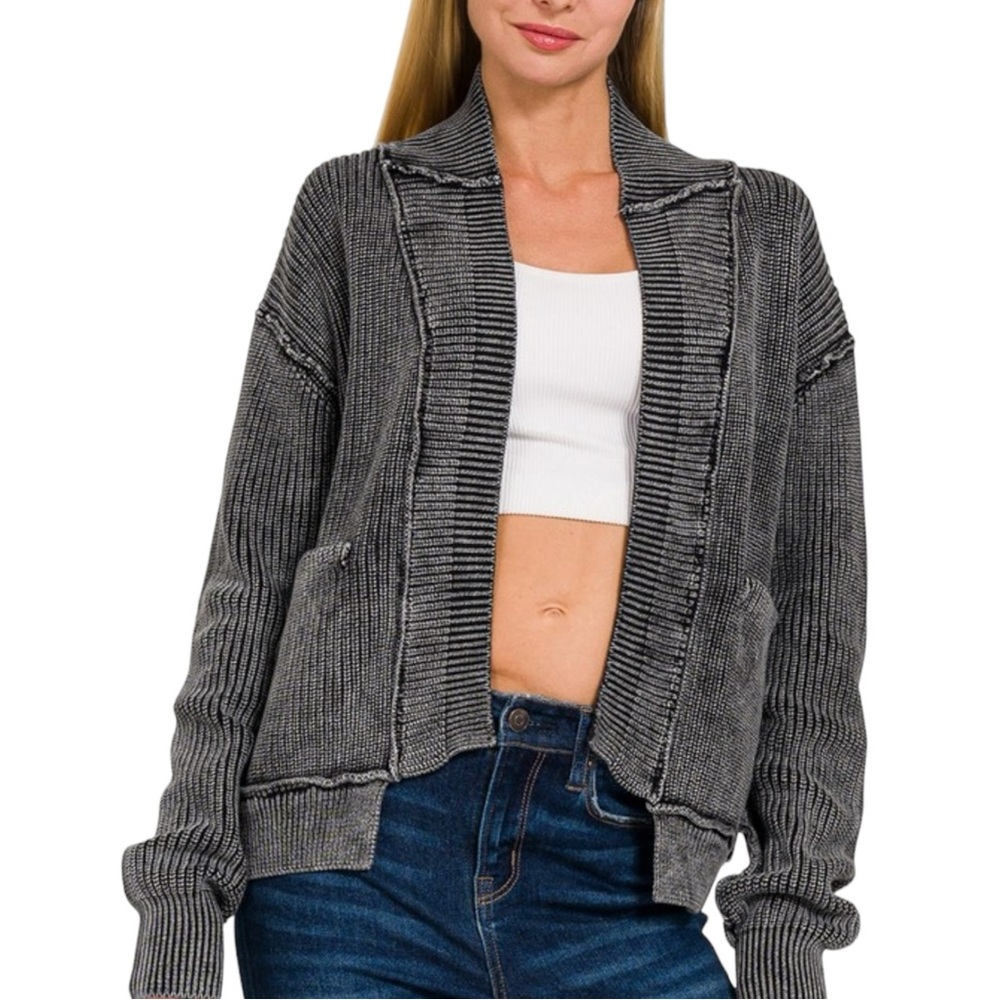 Women's Black Acid Wash Ribbed Drop Shoulder Cardigan NWOT - Picture 2 of 5